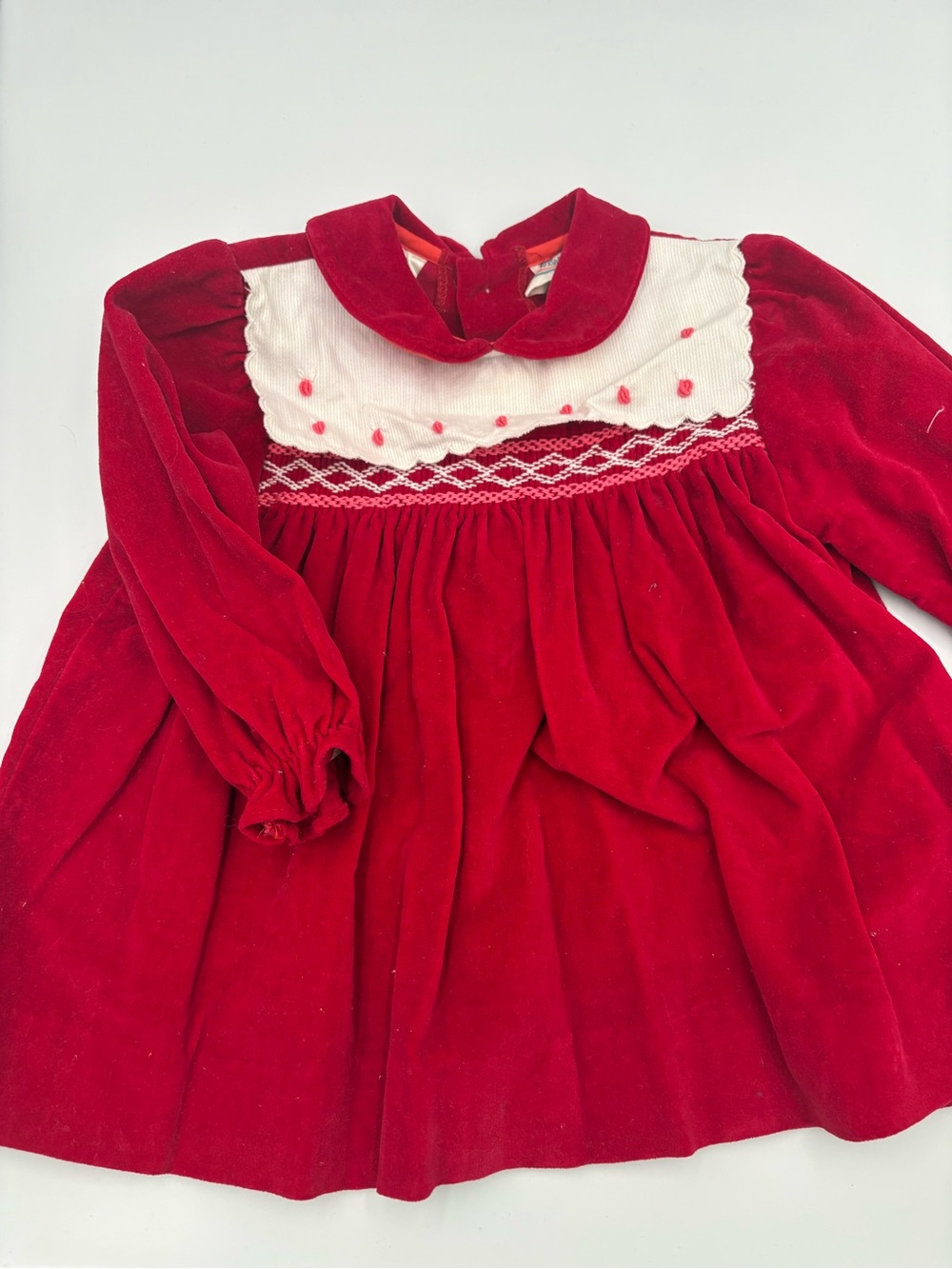 Vintage Red Velvet Smocked Baby Dress with White Bib
